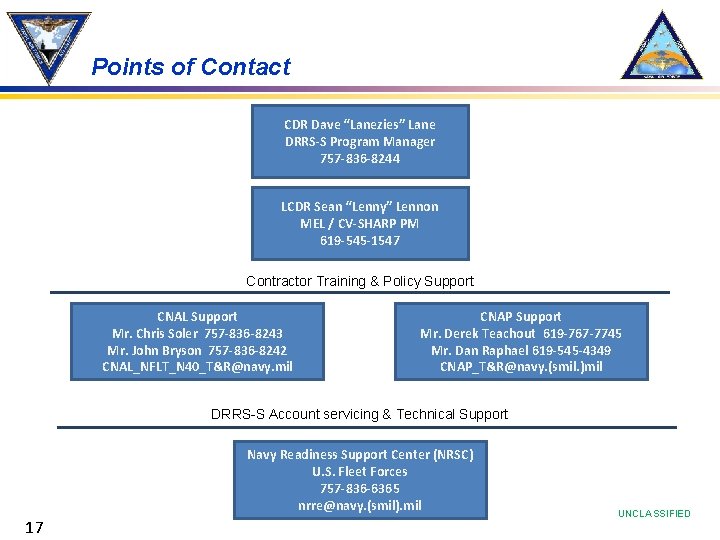 Points of Contact CDR Dave “Lanezies” Lane DRRS-S Program Manager 757 -836 -8244 LCDR