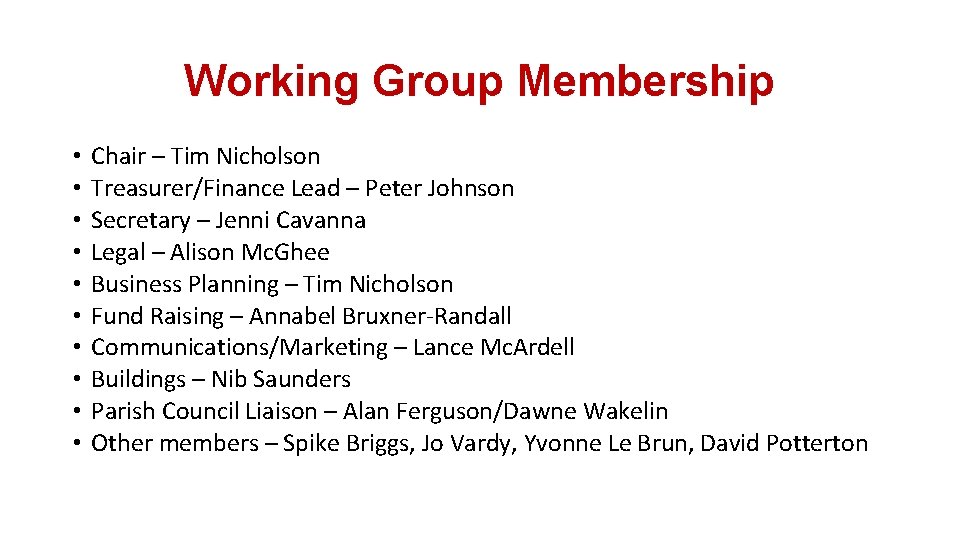 Working Group Membership • • • Chair – Tim Nicholson Treasurer/Finance Lead – Peter