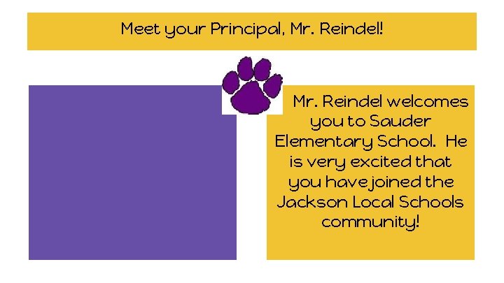 Meet your Principal, Mr. Reindel! Mr. Reindel welcomes you to Sauder Elementary School. He
