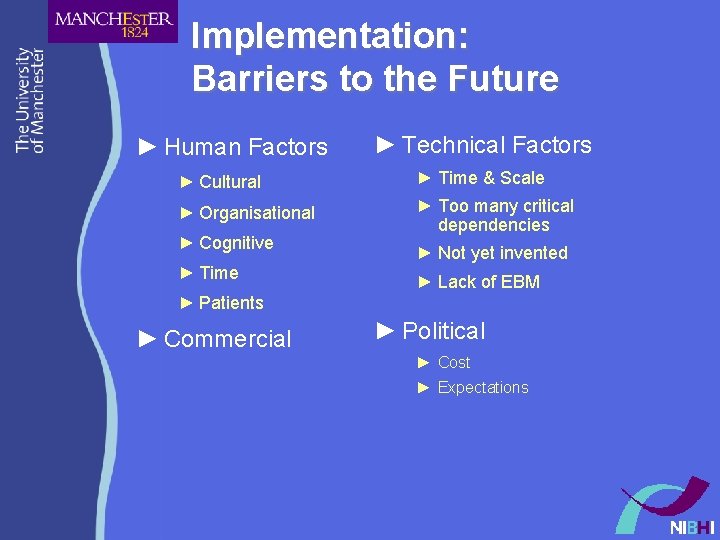 Implementation: Barriers to the Future ► Human Factors ► Technical Factors ► Cultural ►