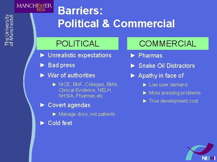 Barriers: Political & Commercial POLITICAL COMMERCIAL ► Unrealistic expectations ► Pharmas ► Bad press