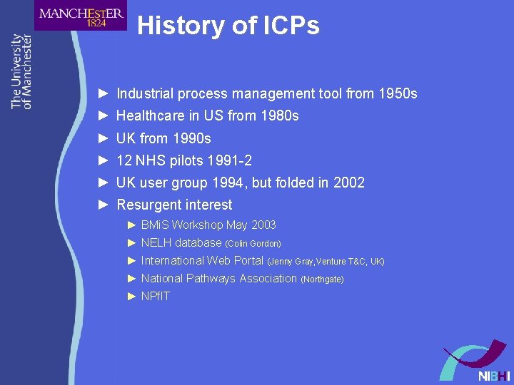 History of ICPs ► Industrial process management tool from 1950 s ► Healthcare in