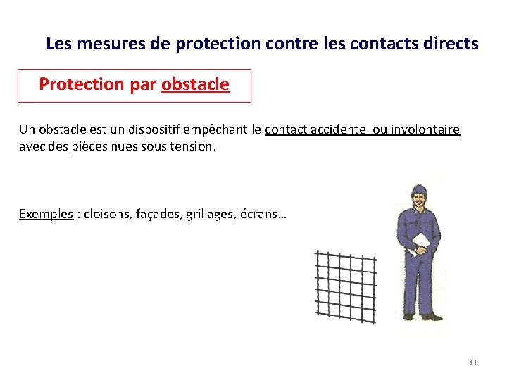 Les mesures de protection contre les contacts directs Protection par obstacle Un obstacle est