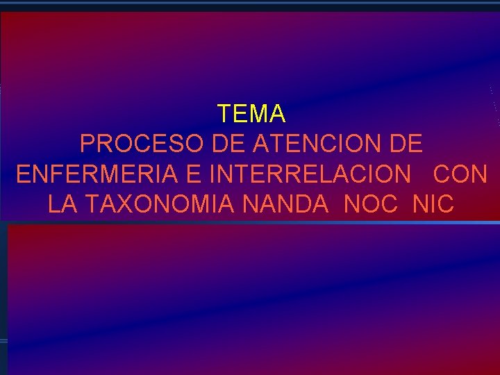 TEMA PROCESO DE ATENCION DE ENFERMERIA E INTERRELACION CON LA TAXONOMIA NANDA NOC NIC