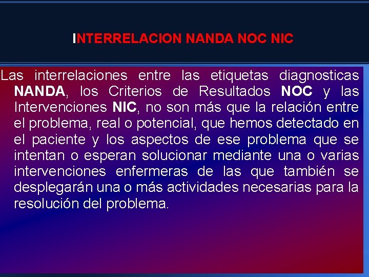 INTERRELACION NANDA NOC NIC Las interrelaciones entre las etiquetas diagnosticas NANDA, los Criterios de