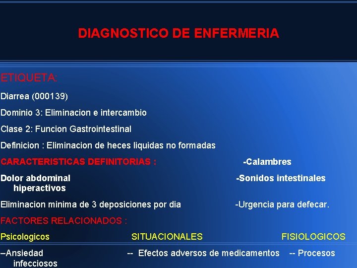 DIAGNOSTICO DE ENFERMERIA ETIQUETA: Diarrea (000139) Dominio 3: Eliminacion e intercambio Clase 2: Funcion