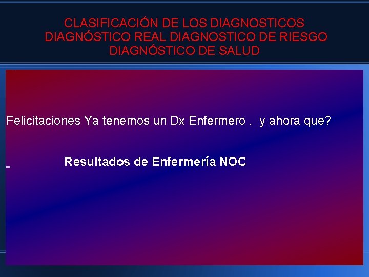 CLASIFICACIÓN DE LOS DIAGNOSTICOS DIAGNÓSTICO REAL DIAGNOSTICO DE RIESGO DIAGNÓSTICO DE SALUD Felicitaciones Ya