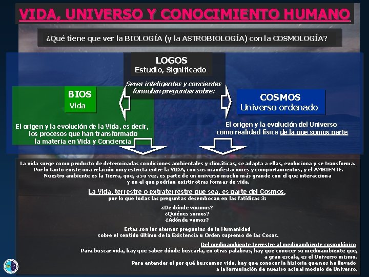 VIDA, UNIVERSO Y CONOCIMIENTO HUMANO ¿Qué tiene que ver la BIOLOGÍA (y la ASTROBIOLOGÍA)