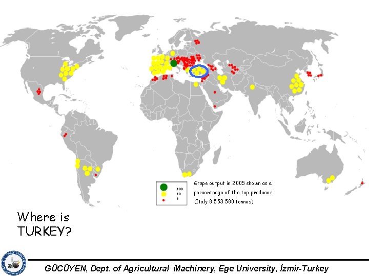 Grape output in 2005 shown as a percenteage of the top producer (Italy 8