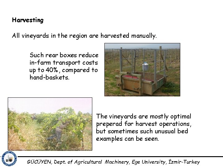 Harvesting All vineyards in the region are harvested manually. Such rear boxes reduce in-farm