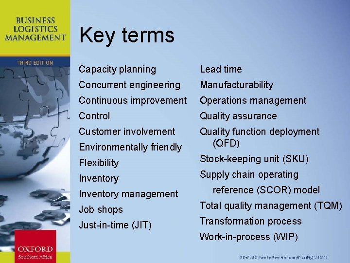 Key terms Capacity planning Lead time Concurrent engineering Manufacturability Continuous improvement Operations management Control