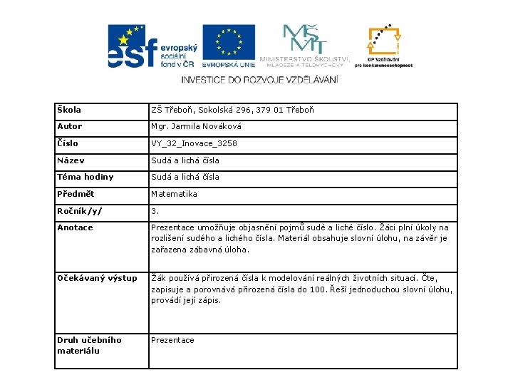 Škola ZŠ Třeboň, Sokolská 296, 379 01 Třeboň Autor Mgr. Jarmila Nováková Číslo VY_32_Inovace_3258