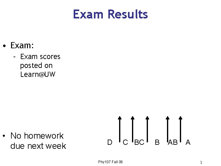 Exam Results • Exam: – Exam scores posted on Learn@UW • No homework due