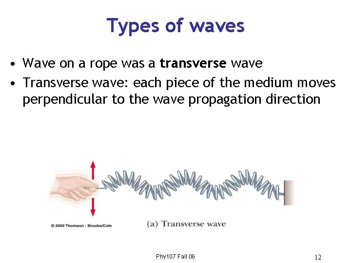 Types of waves • Wave on a rope was a transverse wave • Transverse