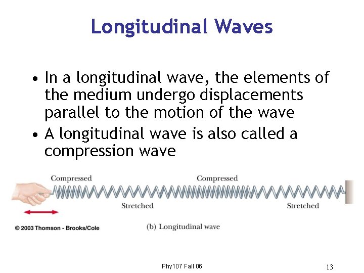 Longitudinal Waves • In a longitudinal wave, the elements of the medium undergo displacements