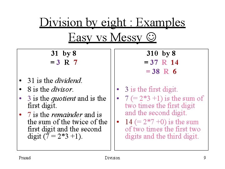 Division by eight : Examples Easy vs Messy 31 by 8 =3 R 7