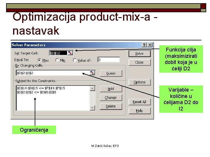 Optimizacija product-mix-a nastavak Funkcija cilja (maksimizirati dobit koja je u ćeliji D 2 Varijable