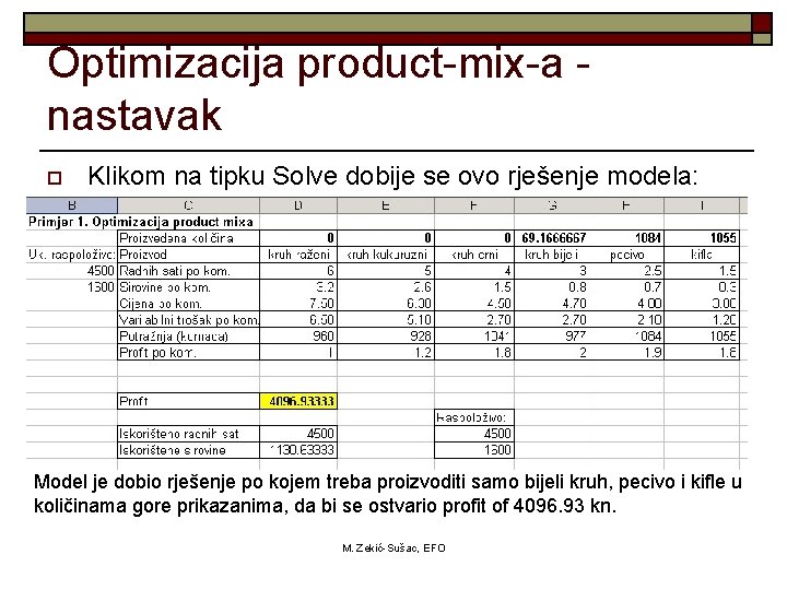 Optimizacija product-mix-a nastavak o Klikom na tipku Solve dobije se ovo rješenje modela: Model