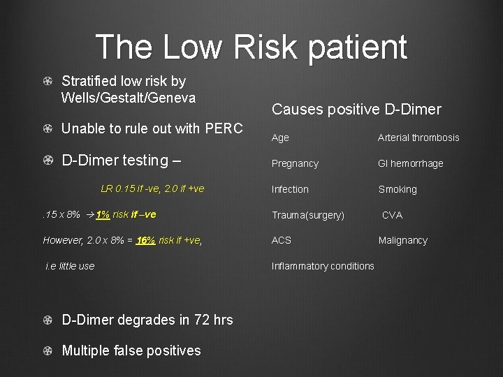 The Low Risk patient Stratified low risk by Wells/Gestalt/Geneva Unable to rule out with