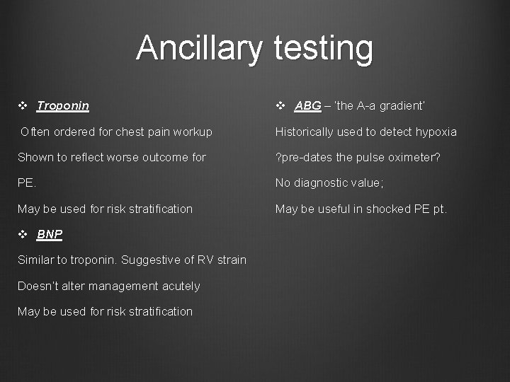 Ancillary testing v Troponin v ABG – ‘the A-a gradient’ Often ordered for chest