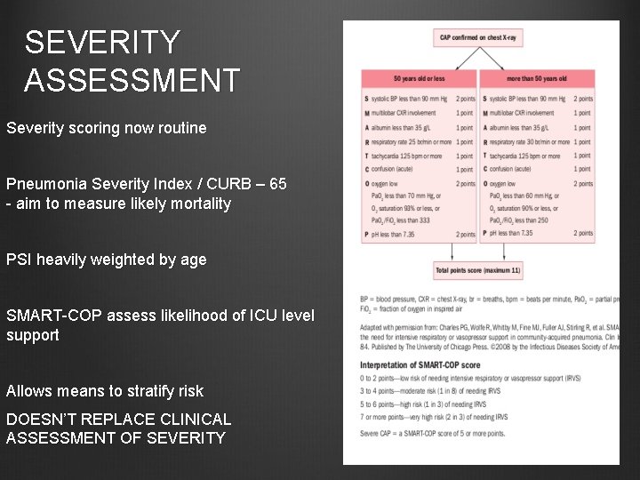 SEVERITY ASSESSMENT Severity scoring now routine Pneumonia Severity Index / CURB – 65 -