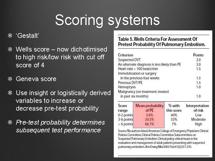 Scoring systems ‘Gestalt’ Wells score – now dichotimised to high risk/low risk with cut
