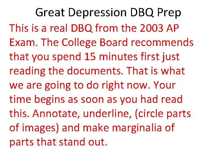 Great Depression DBQ Prep This is a real DBQ from the 2003 AP Exam.