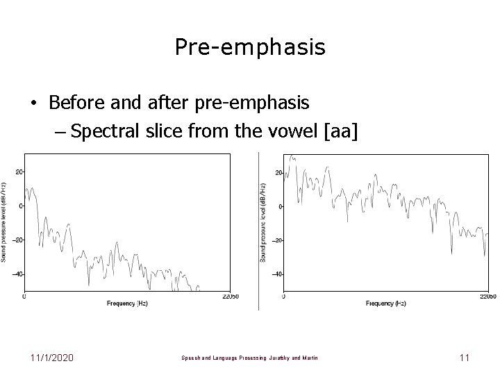 Pre-emphasis • Before and after pre-emphasis – Spectral slice from the vowel [aa] 11/1/2020