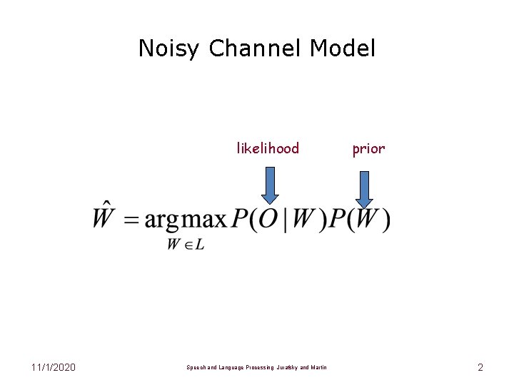 Noisy Channel Model likelihood 11/1/2020 Speech and Language Processing Jurafsky and Martin prior 2