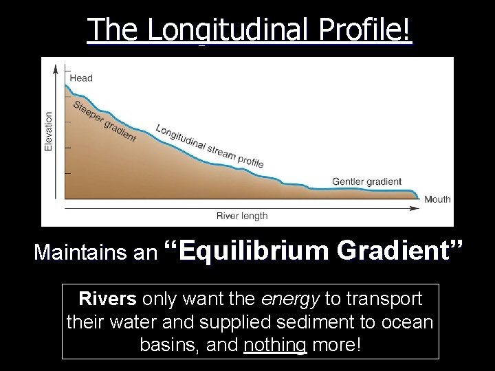 The Longitudinal Profile! Maintains an “Equilibrium Gradient” Rivers only want the energy to transport