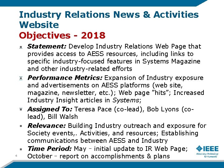 Industry Relations News & Activities Website Objectives - 2018 4 Statement: Develop Industry Relations