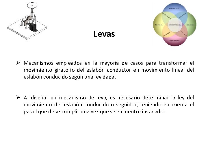 Levas Ø Mecanismos empleados en la mayoría de casos para transformar el movimiento giratorio