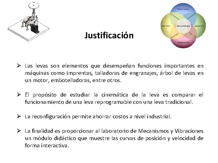 Justificación Ø Las levas son elementos que desempeñan funciones importantes en máquinas como imprentas,