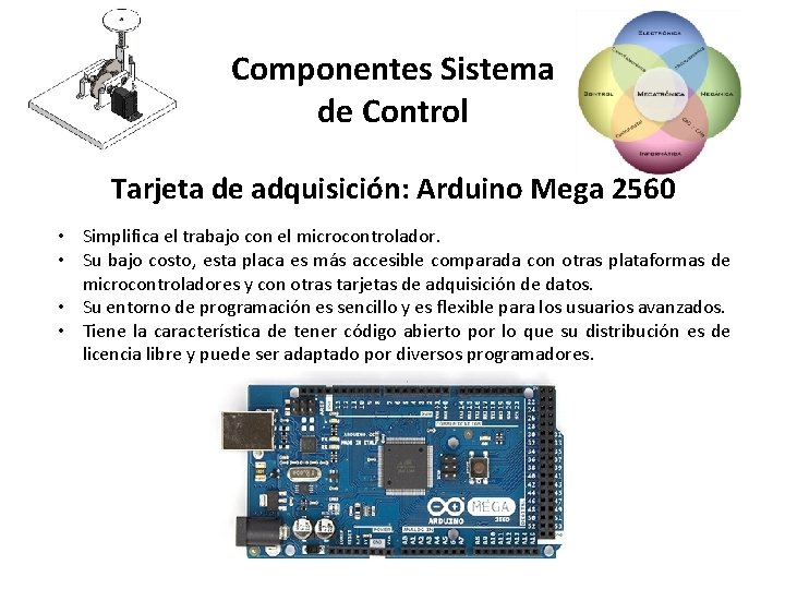 Componentes Sistema de Control Tarjeta de adquisición: Arduino Mega 2560 • Simplifica el trabajo