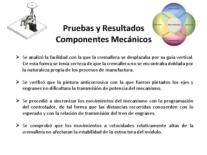 Pruebas y Resultados Componentes Mecánicos Ø Se analizó la facilidad con la que la