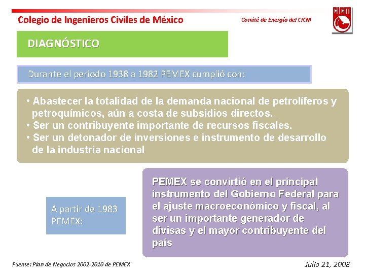 Colegio de Ingenieros Civiles de México Comité de Energía del CICM DIAGNÓSTICO Durante el