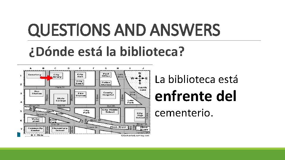 QUESTIONS AND ANSWERS ¿Dónde está la biblioteca? La biblioteca está enfrente del cementerio. 