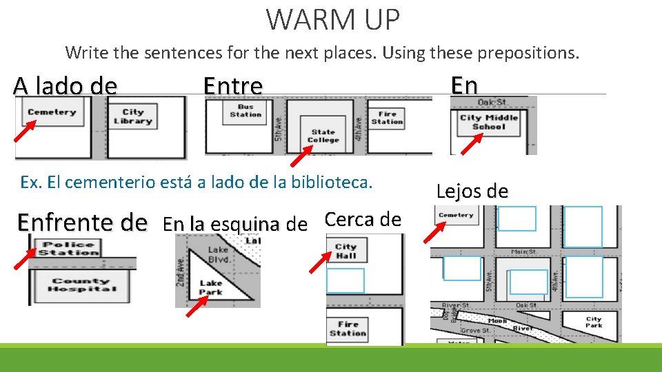 WARM UP Write the sentences for the next places. Using these prepositions. A lado