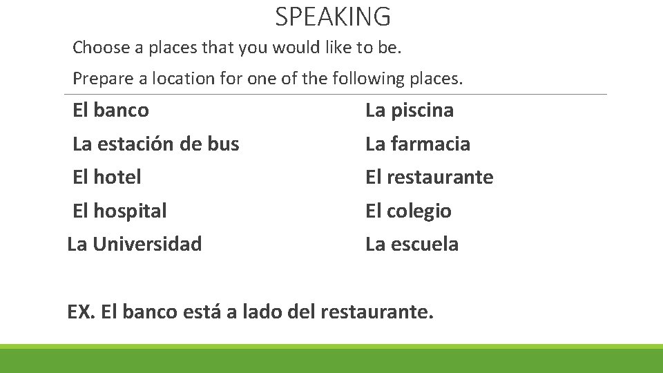 SPEAKING Choose a places that you would like to be. Prepare a location for
