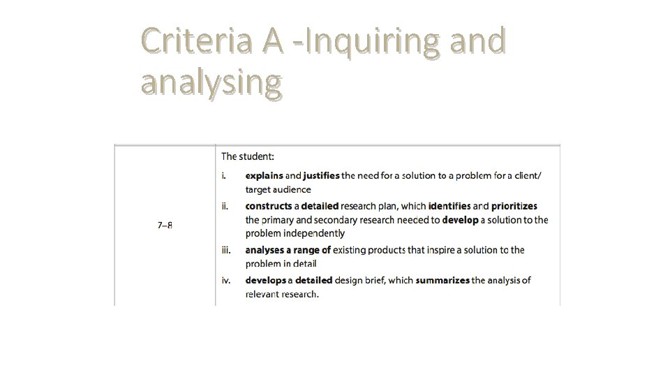 Criteria A -Inquiring and analysing 