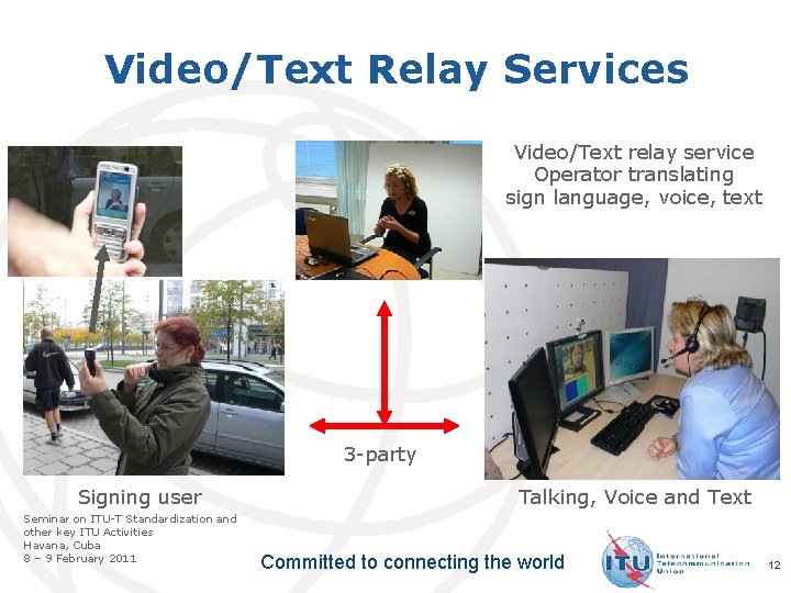 Video/Text Relay Services Video/Text relay service Operator translating sign language, voice, text 3 -party