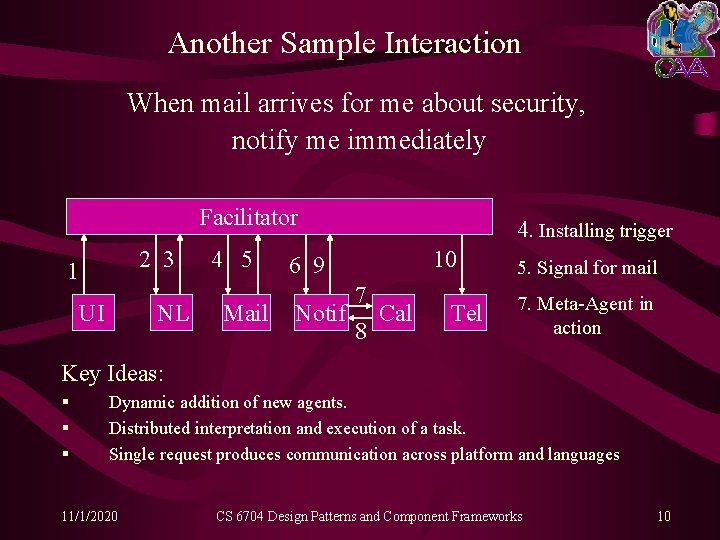 Another Sample Interaction When mail arrives for me about security, notify me immediately Facilitator