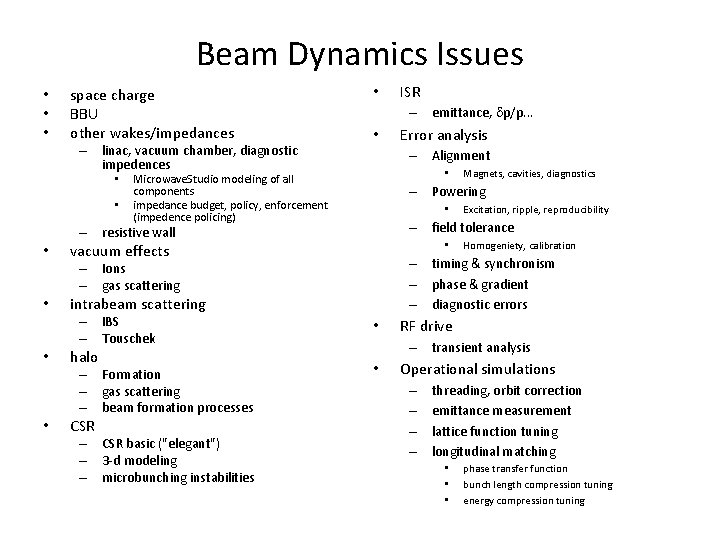 Beam Dynamics Issues • • • space charge BBU other wakes/impedances – linac, vacuum