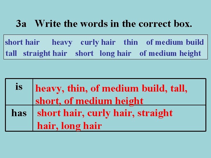 3 a Write the words in the correct box. short hair heavy curly hair