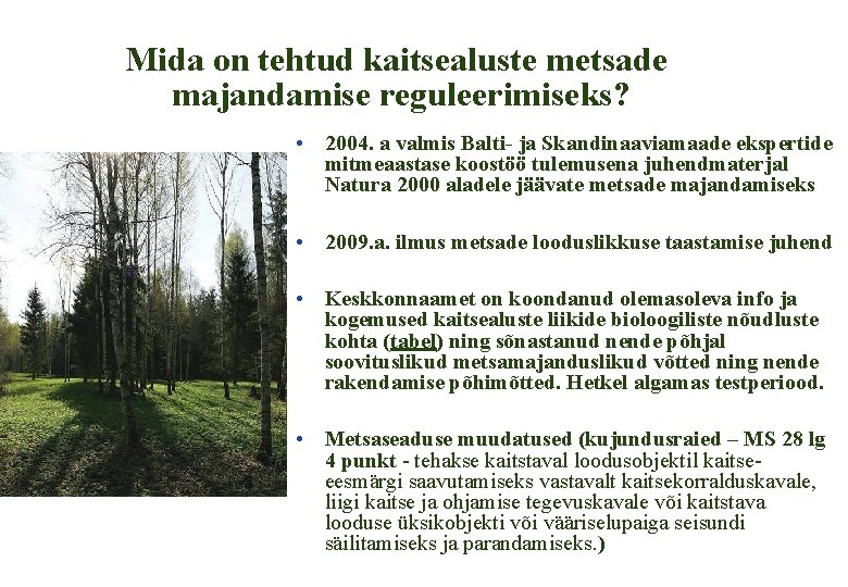 Mida on tehtud kaitsealuste metsade majandamise reguleerimiseks? • 2004. a valmis Balti- ja Skandinaaviamaade