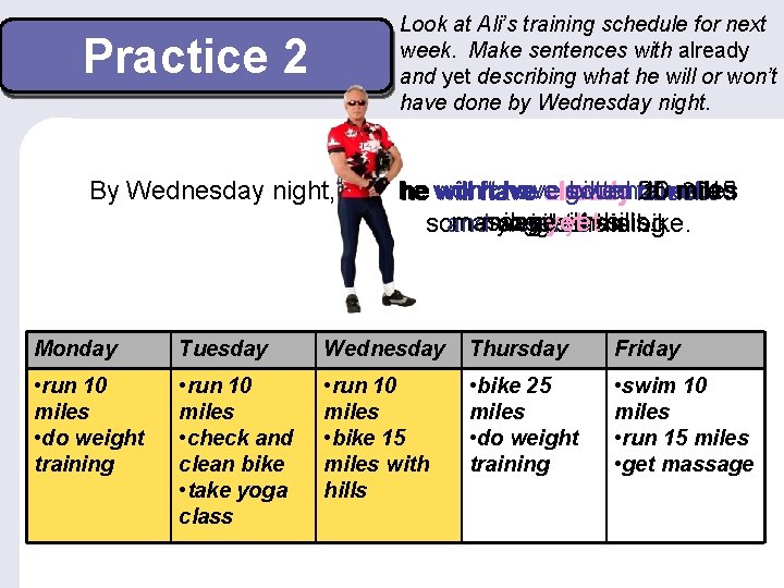 Look at Ali’s training schedule for next week. Make sentences with already and yet