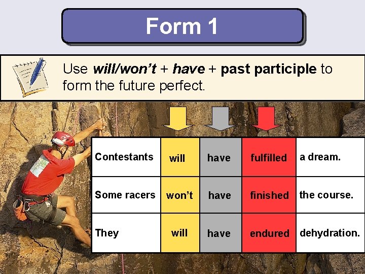 Form 1 Use will/won’t + have + past participle to form the future perfect.