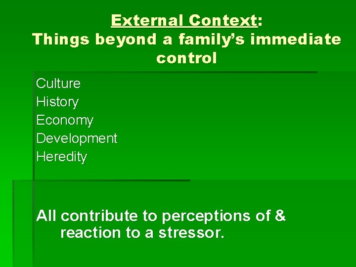 External Context: Things beyond a family’s immediate control Culture History Economy Development Heredity All