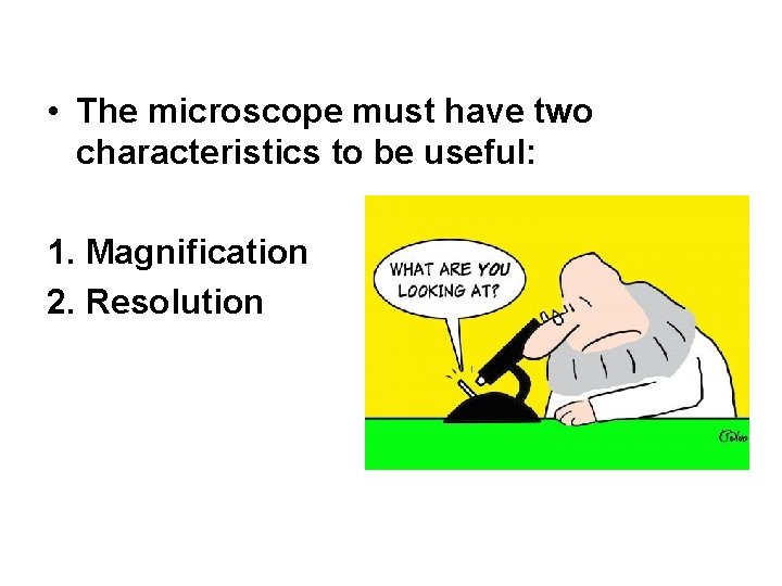  • The microscope must have two characteristics to be useful: 1. Magnification 2.