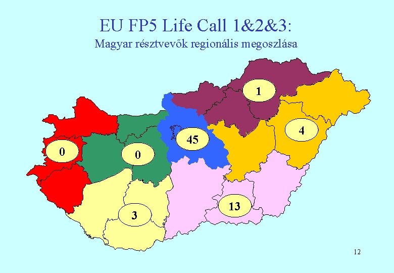 EU FP 5 Life Call 1&2&3: Magyar résztvevők regionális megoszlása 1 0 4 45